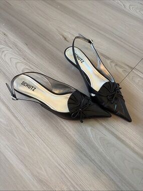 SCHUTZ Black Pointed Slingback Heels with Bow Detail